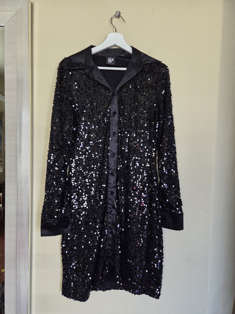 New York & Co Black Sequin Long-Sleeve Button Dress